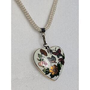Vintage Cloisonné  Heart Butterflies Flowers Pendant 16" Cream cord Cottagecore